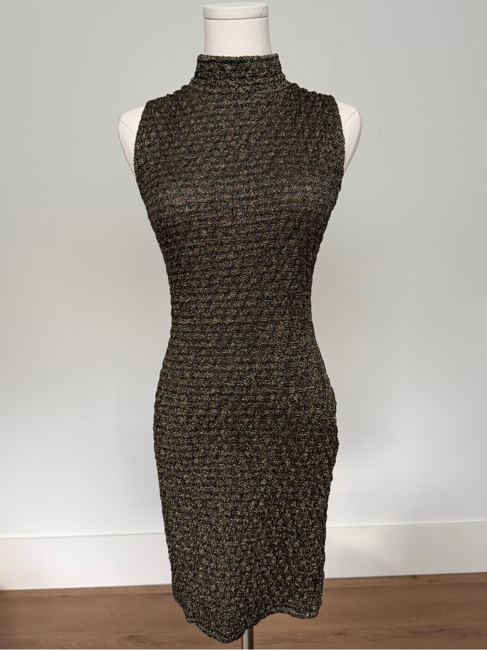 Vintage Sleeveless Mock Neck Textured Bodycon Dress - Olive Green